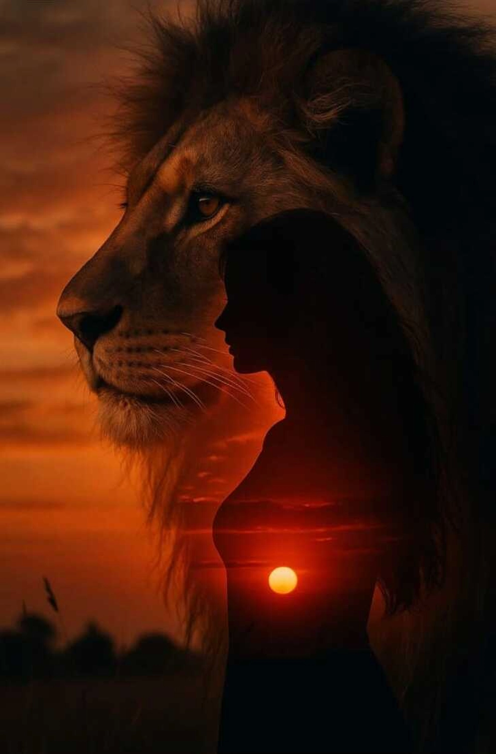 Queen of Angels - Spirituelle Lebensberatung & Duftkerzenverkauf - Verschmolzene Silhouette einer Frau und eines Löwen im Hintergrund des Sonnenuntergangs